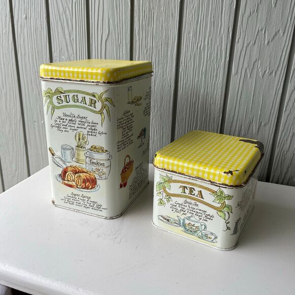 VTG 70s Sugar & Tea Tin Canister Set – Yellow Gingham Lids, Retro Farmhouse Kitc - Picture 8 of 8